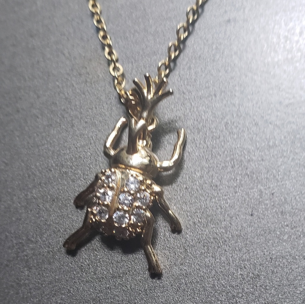 HORNED BEETLE RHINESTONE GOLD PLATED NECKLACE 18"